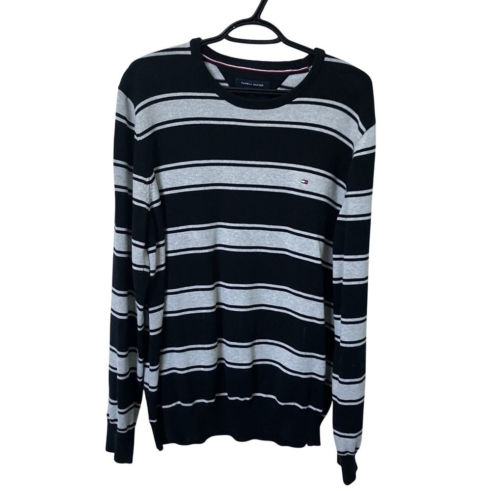 Tommy Hilfiger Mens XL Black Grey Striped Cotton Crew Neck Sweater Pullover